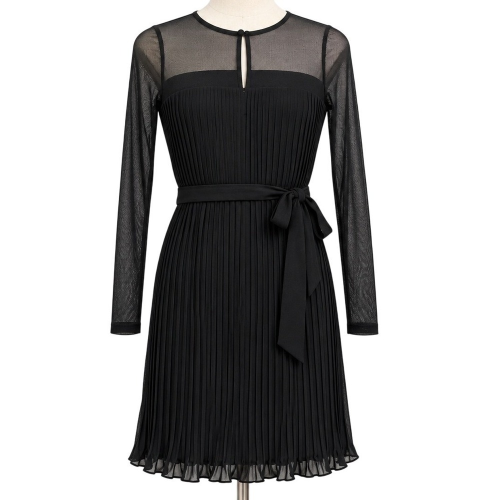 DKNY Pleated Mini Dress Womens 2P Black NWT Sheer Mesh Long Sleeve XD4KI694